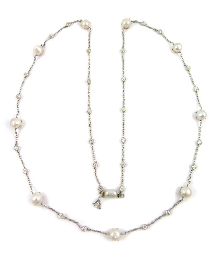 Early 20th century pearl and diamond chain necklace